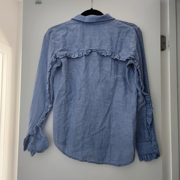 Club Monaco Chambray Blue Linen Blend Ruffle Blouse - Picture 3 of 3